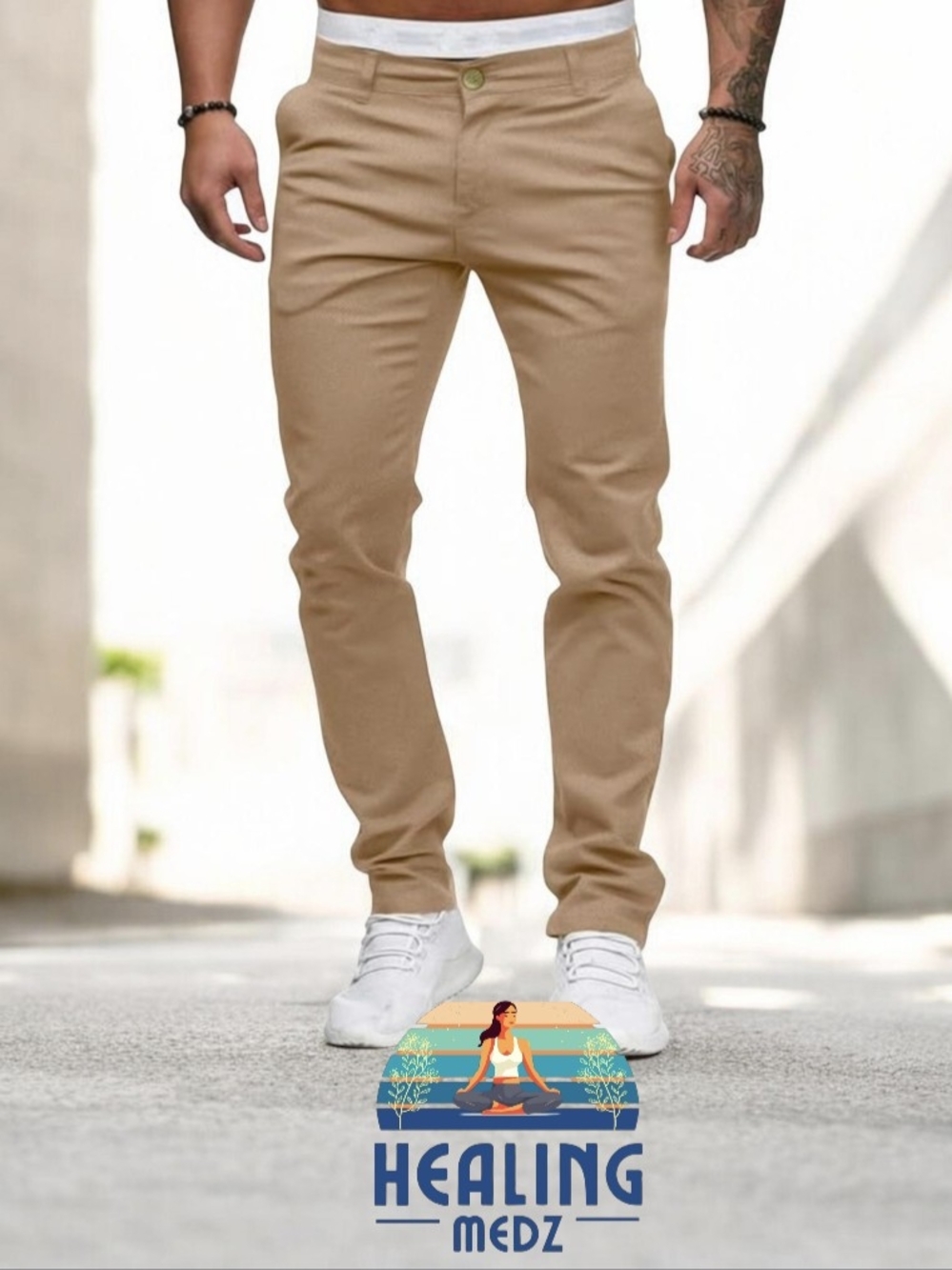 Men's Khaki Medium Chinos Slim Fit Stretch Flat-Front Skinny Dress Pants